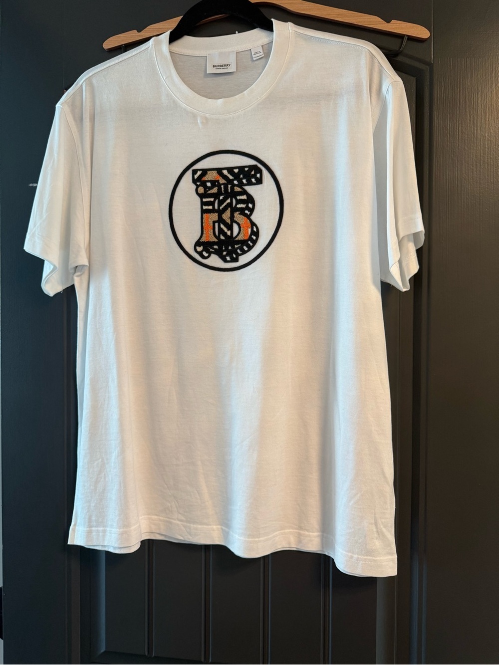 Burberry White Cotton Short-Sleeve Tee with Embroidered Black & Orange 'B'